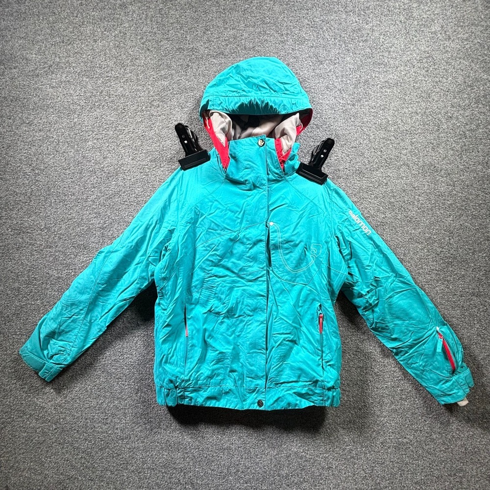 Salomon Ski Jacket Womens Medium Teal Blue Embroidered Logo Full Zip Snowboard